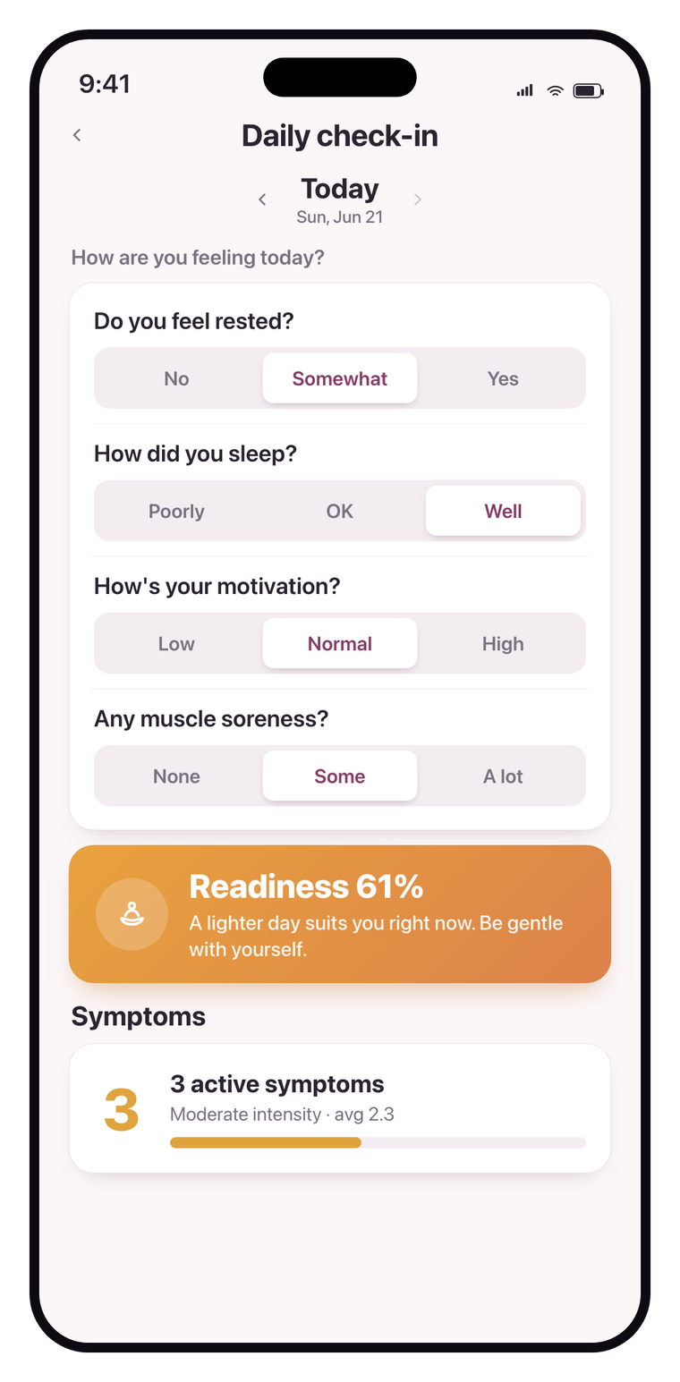 The Phaes daily check-in turning how you feel into a readiness score.