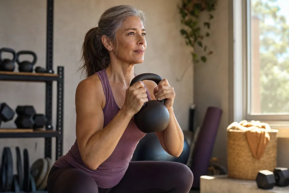 A woman in her fifties doing a heavy kettlebell goblet squat in a home gym