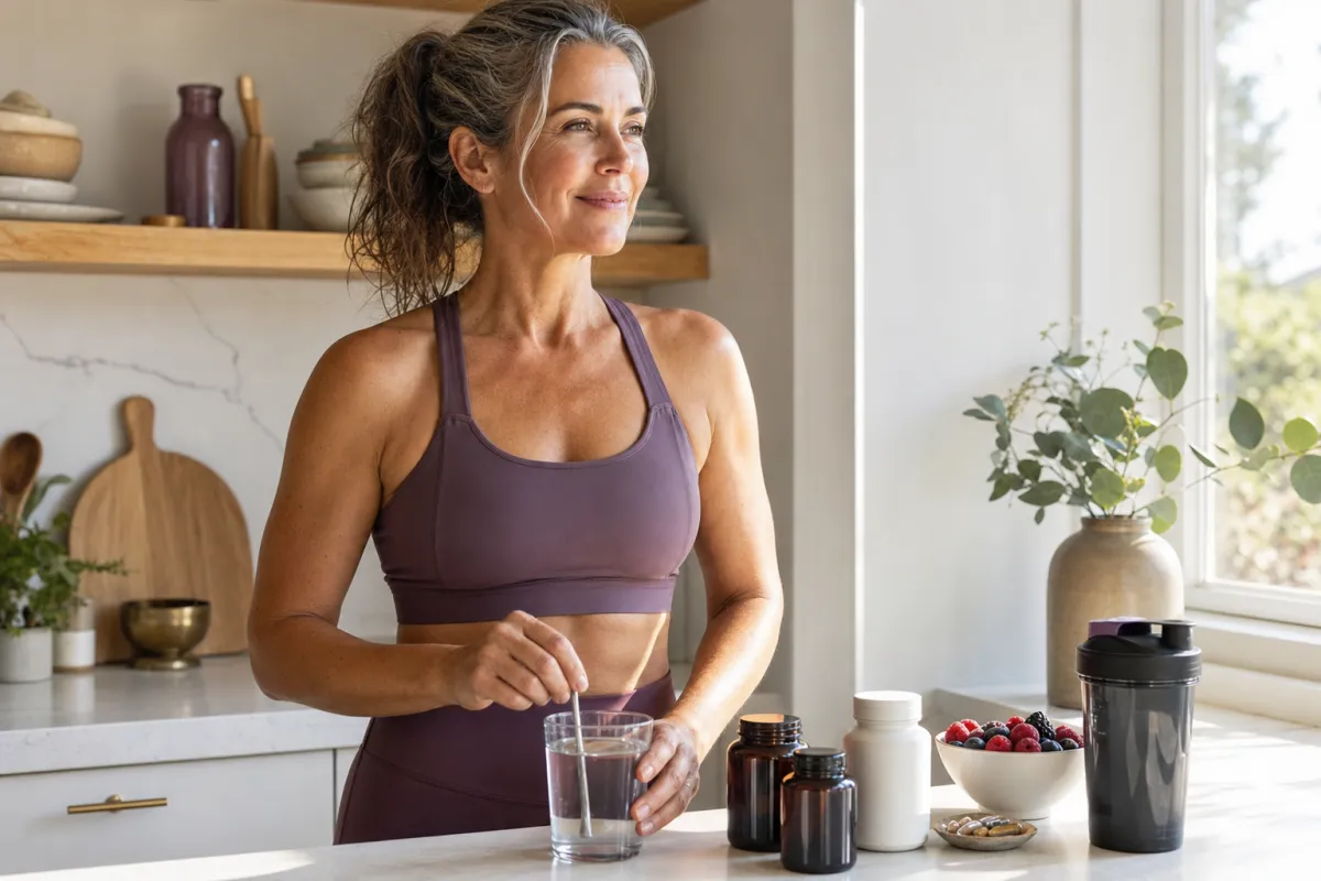 A woman in her fifties in running clothes at a sunny kitchen counter with a glass of water and a few supplement jars