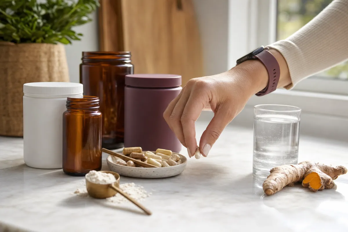 Supplement jars, a dish of capsules, a scoop of powder, a glass of water and fresh turmeric root on a kitchen counter